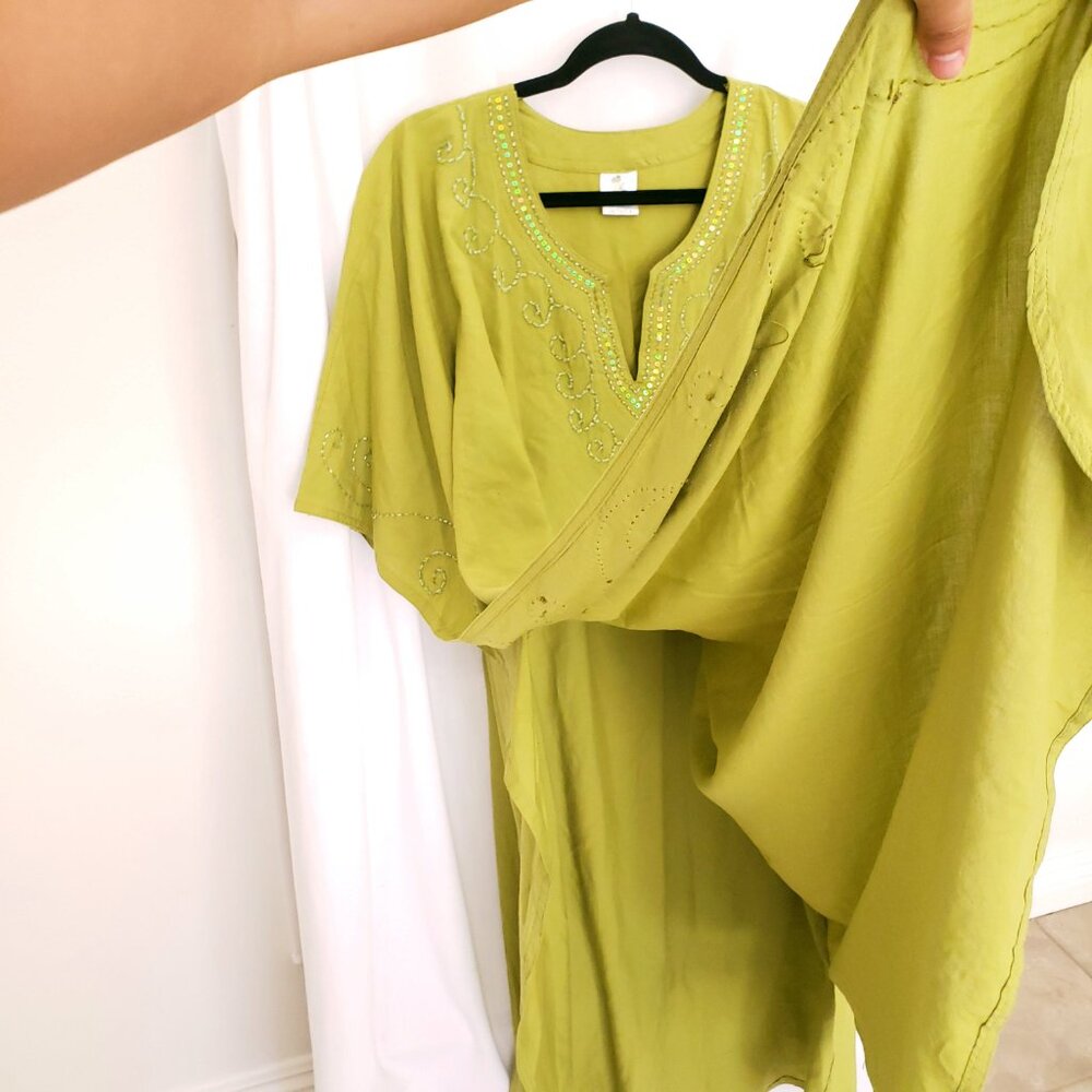 Rima Beach World Green Sequence Poncho Moo Moo Boho Relaxed Dress One Size - Picture 12 of 16